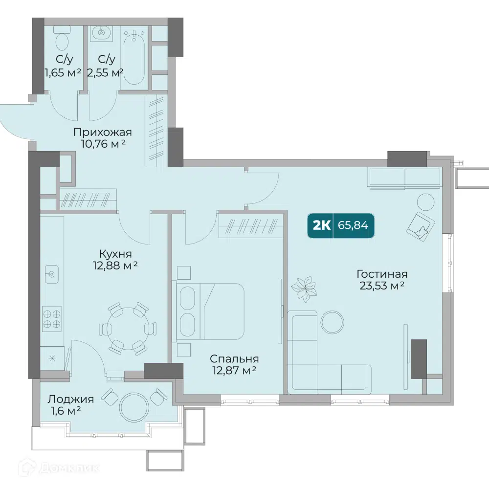 Планировка: 2-комн. квартира 65.84 м² в новостройке Золотой Берег 1