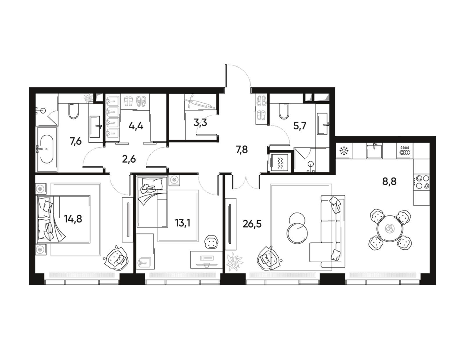 Планировка: 3-комн. квартира 95.40 м² в новостройке ЖК Прайд