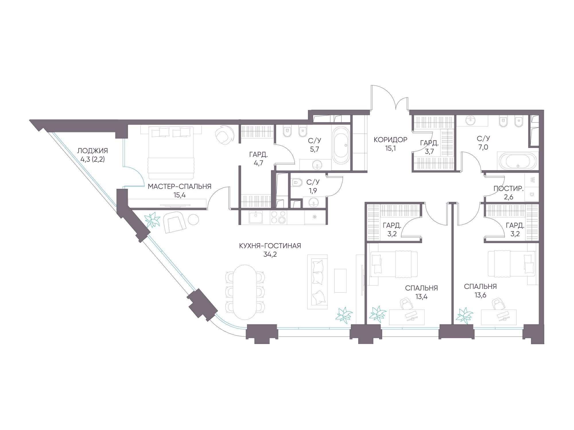 Планировка: 3-комн. квартира 125.90 м² в новостройке Дом XXII