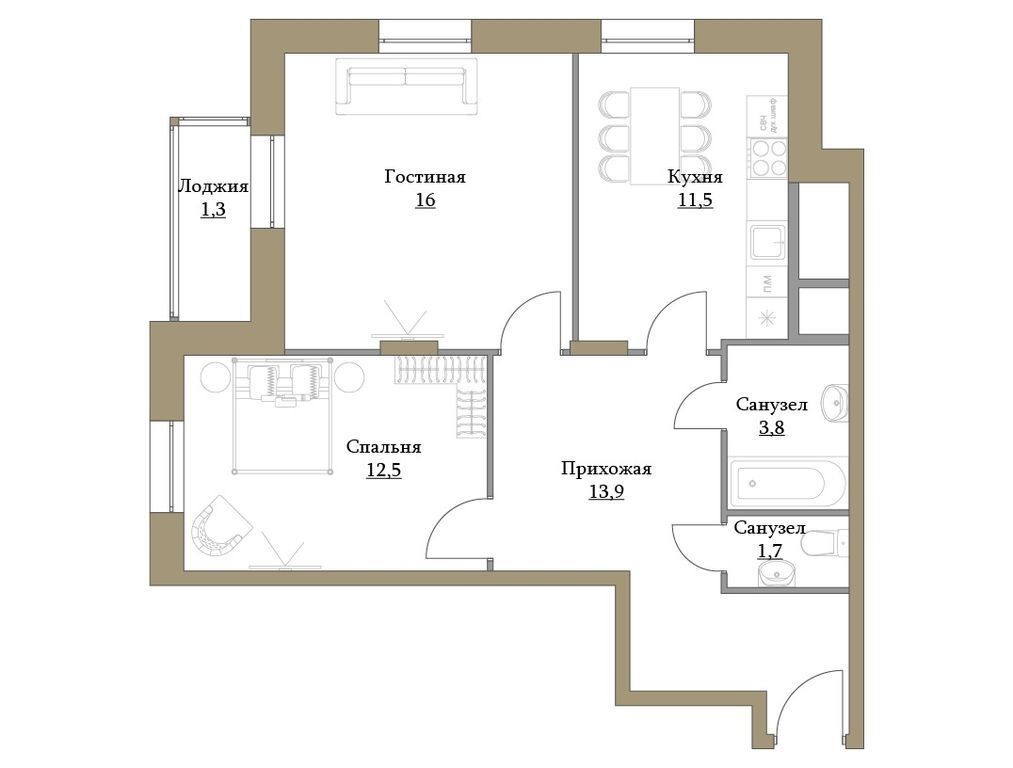 Планировка: 2-комн. квартира 60.70 м² в новостройке Большая семерка