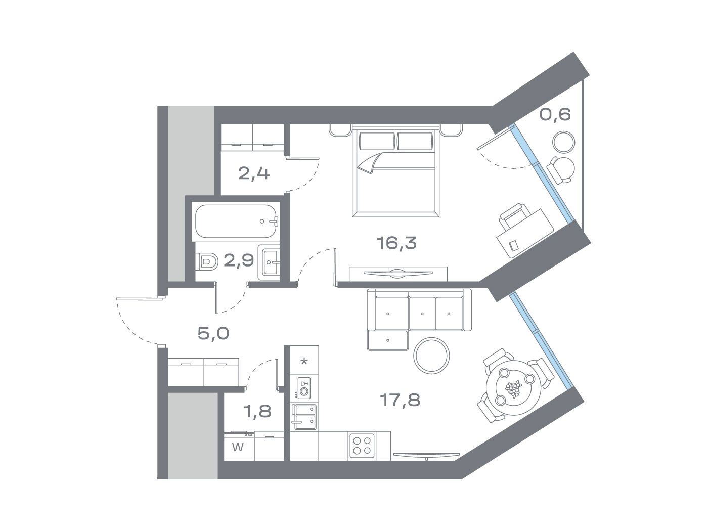 Планировка: 1-комн. квартира 46.66 м² в новостройке Дом Горизонтов