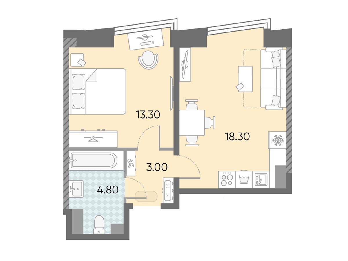 Планировка: 1-комн. квартира 39.40 м² в новостройке Обручева 30