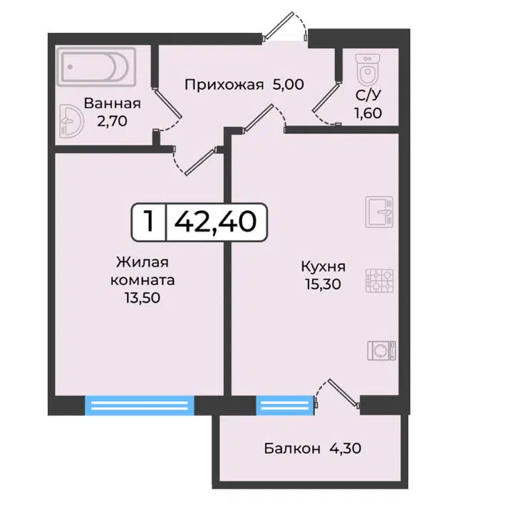 Планировка: 1-комн. квартира 42.40 м² в новостройке Европейский 5