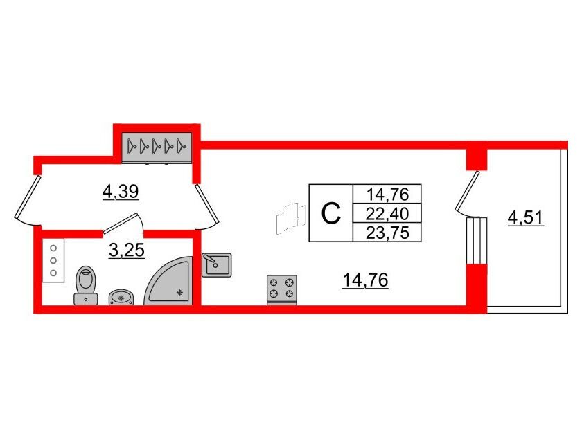 Планировка: Студия 23.75 м² в новостройке Берег. Курортный