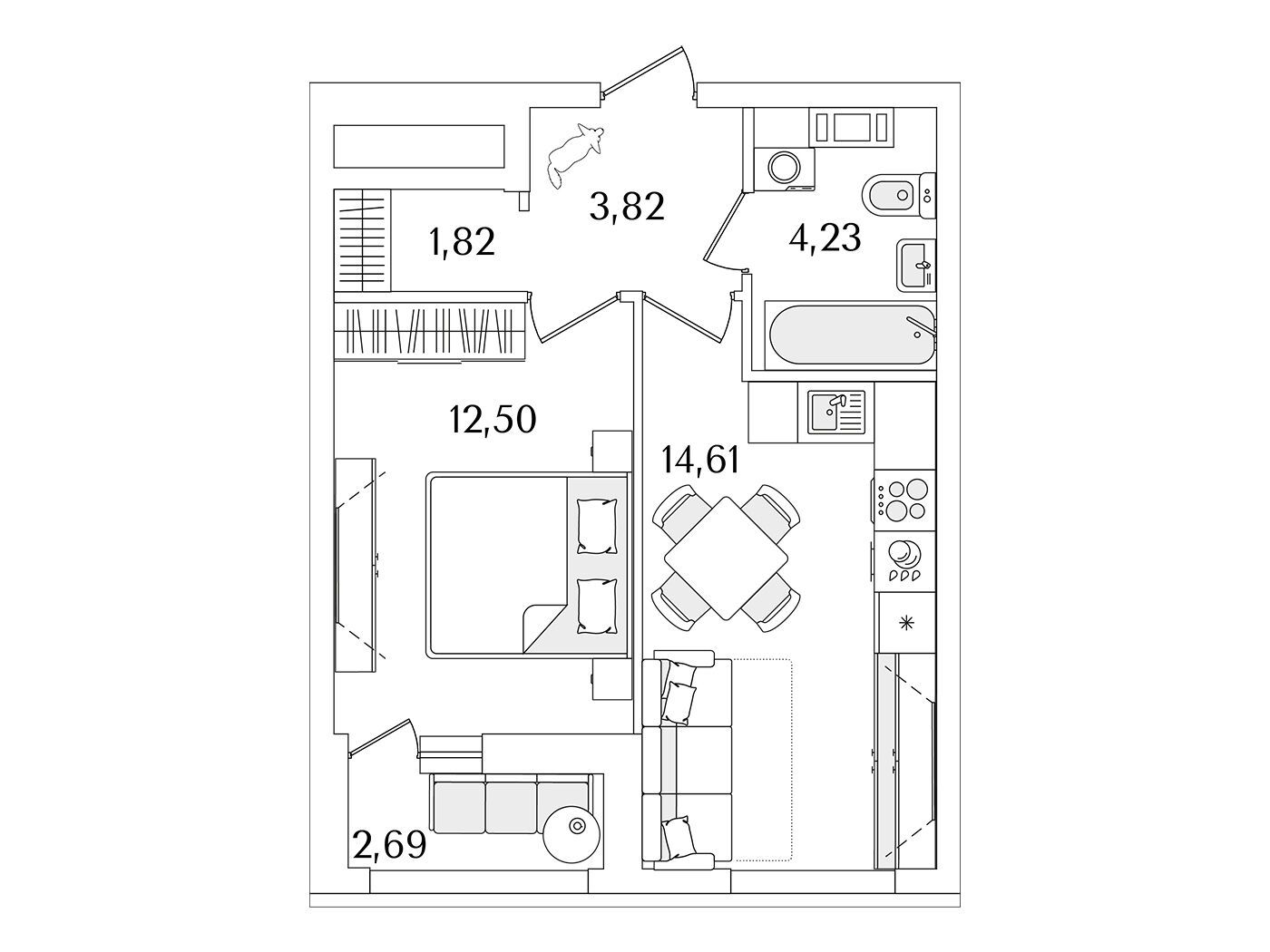 Планировка: 1-комн. квартира 38.20 м² в новостройке Лайнеръ