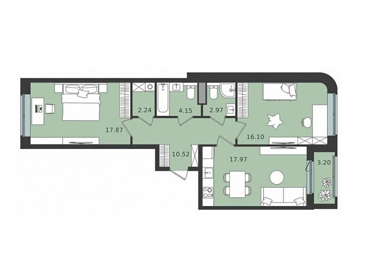 Планировка: 2-комн. квартира 71.40 м² в новостройке Мишино-2