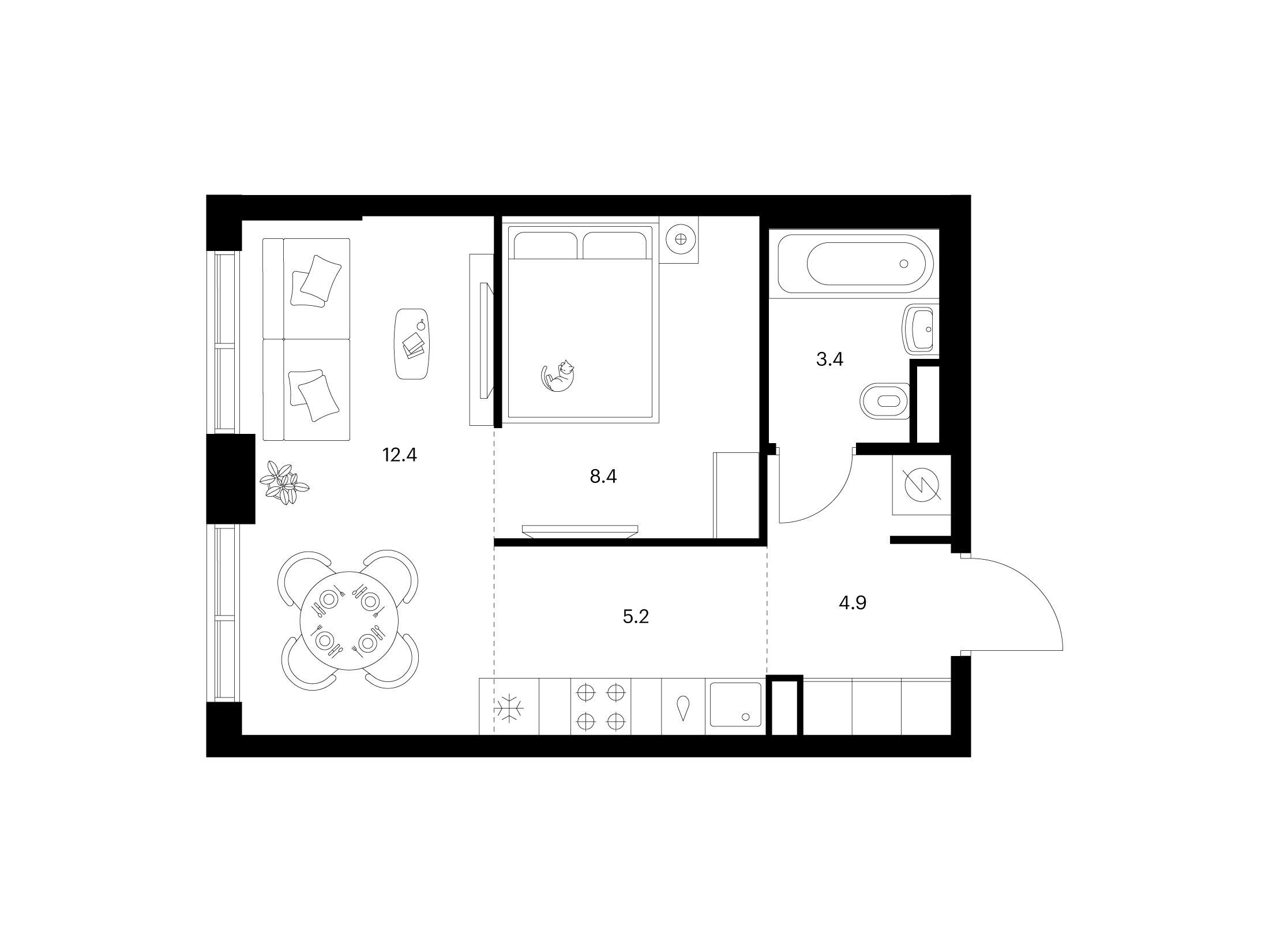 Планировка: 1-комн. квартира 34.30 м² в новостройке Бунинская набережная