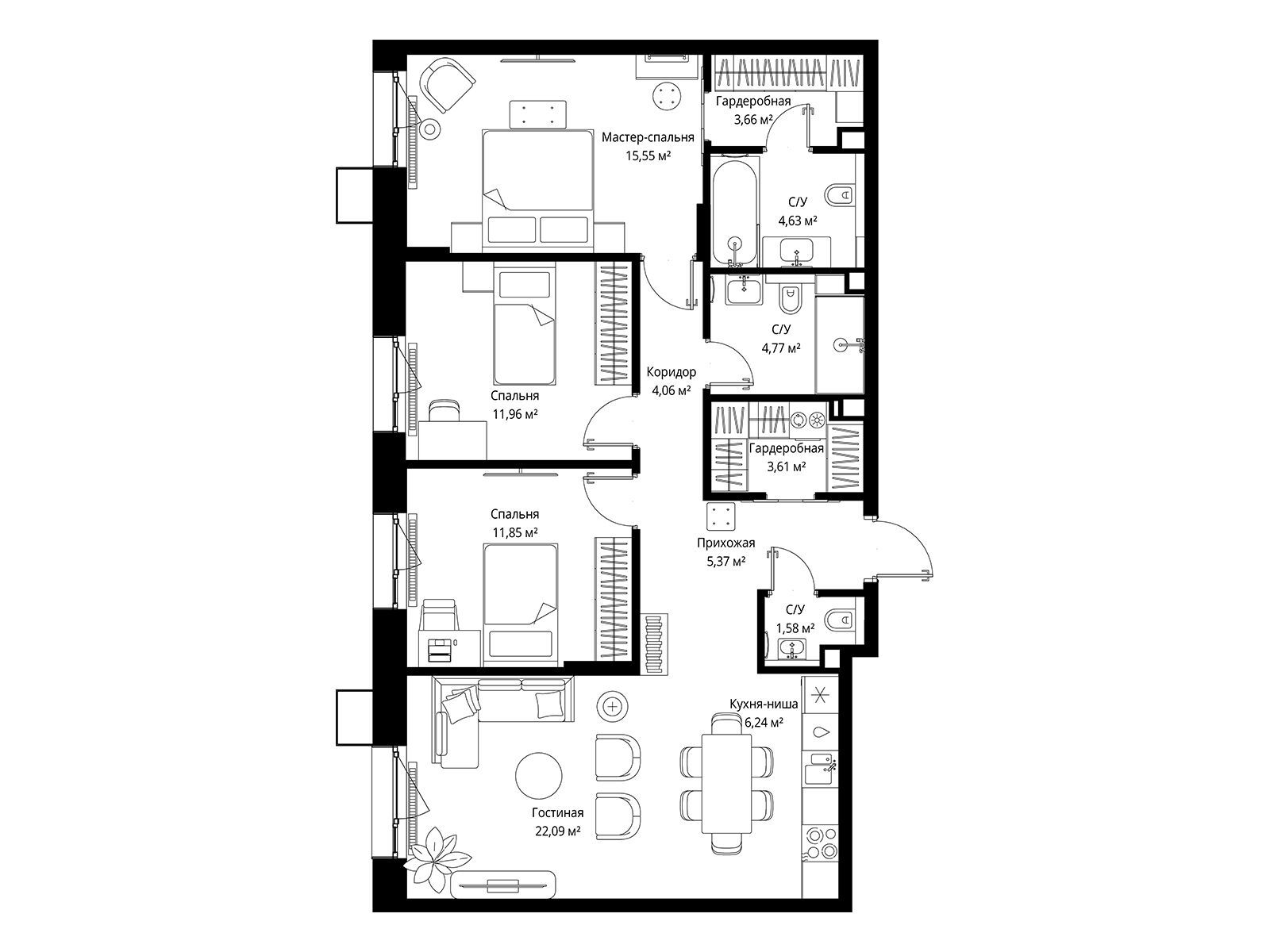 Планировка: 3-комн. квартира 95.37 м² в новостройке Мыс
