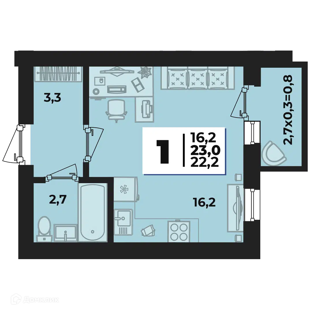 Планировка: Студия 23.00 м² в новостройке Дарград