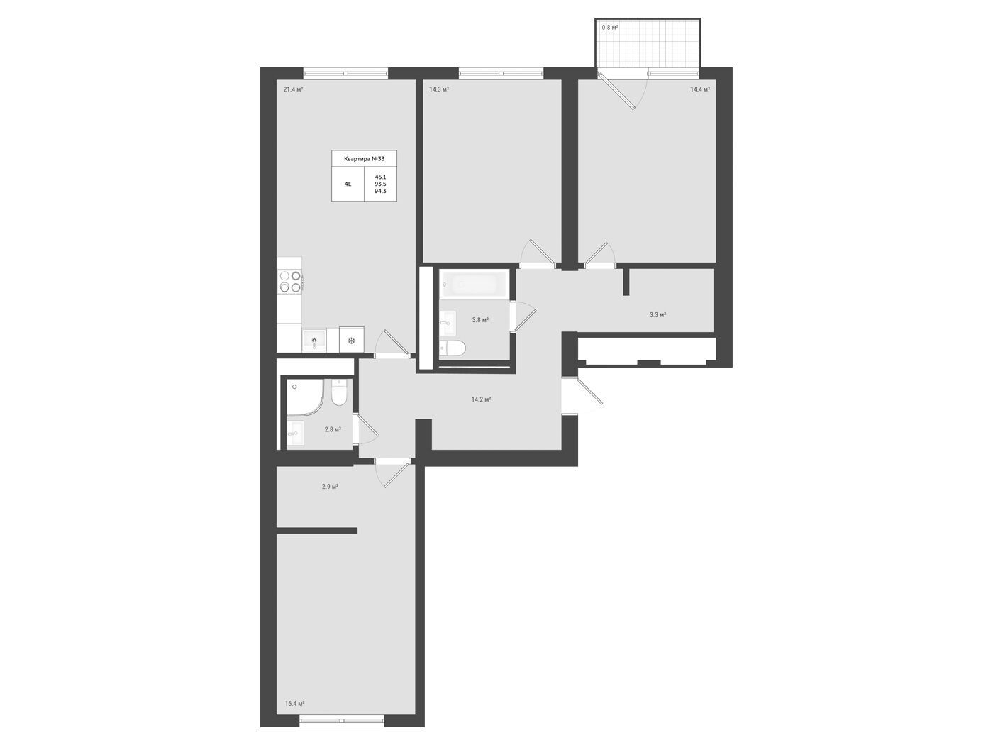 Планировка: 4-комн. квартира 94.30 м² в новостройке Яковлево