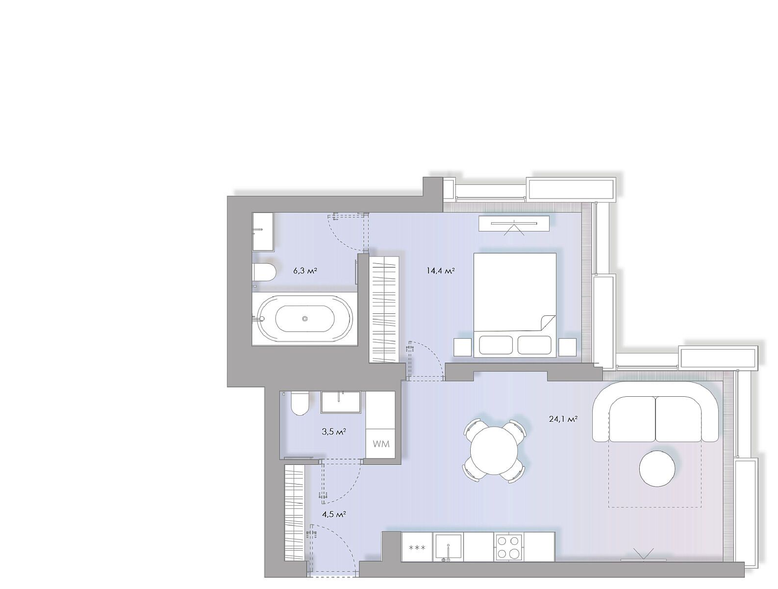 Планировка: 1-комн. квартира 52.80 м² в новостройке Люмин