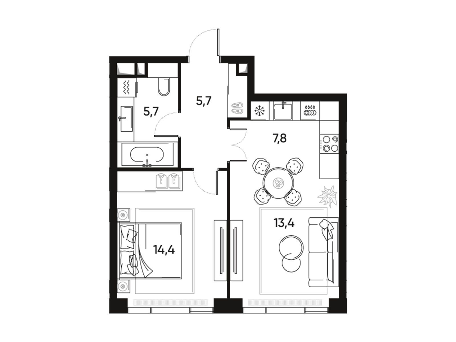 Планировка: 2-комн. квартира 47.40 м² в новостройке Прайд