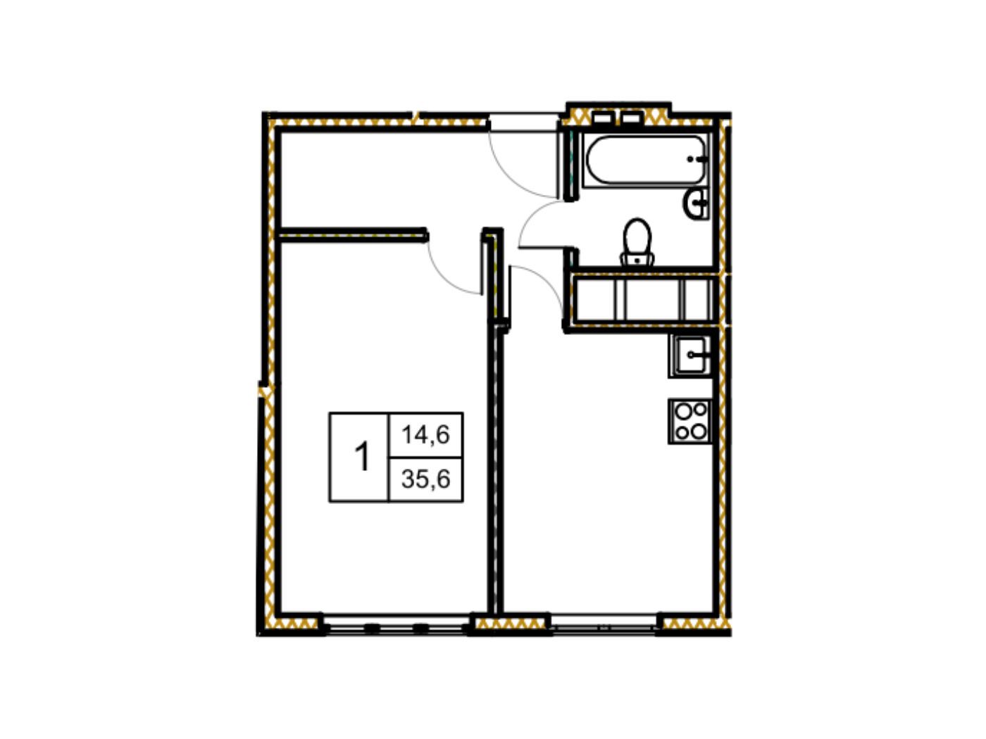 Планировка: 1-комн. квартира 35.60 м² в новостройке Новое Замитино