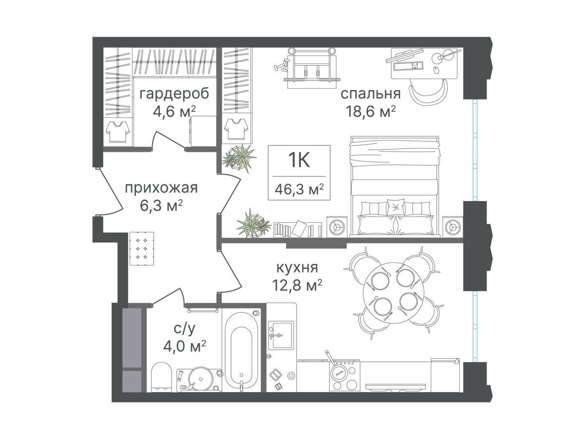 Планировка: 1-комн. квартира 46.30 м² в новостройке Варшавские ворота