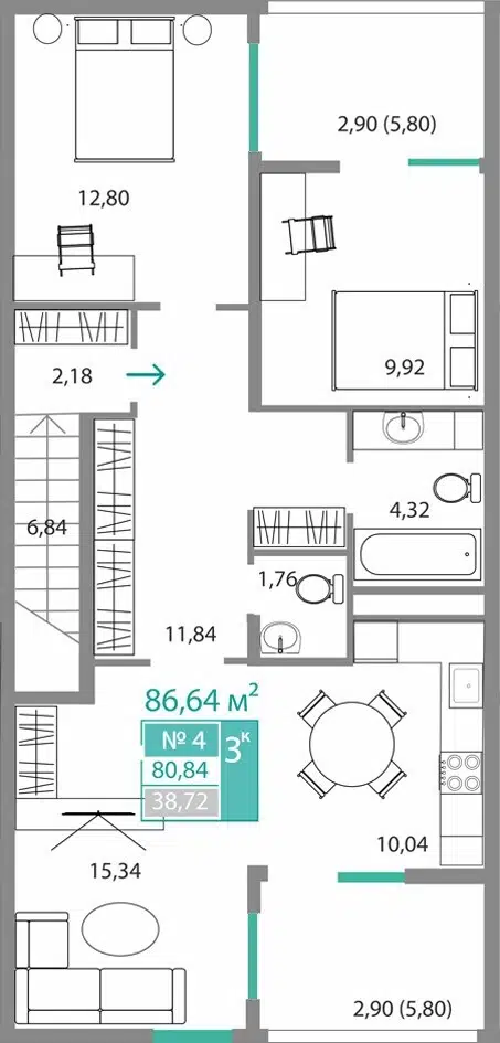 Планировка: 3-комн. квартира 80.84 м² в новостройке ЖК Горизонты