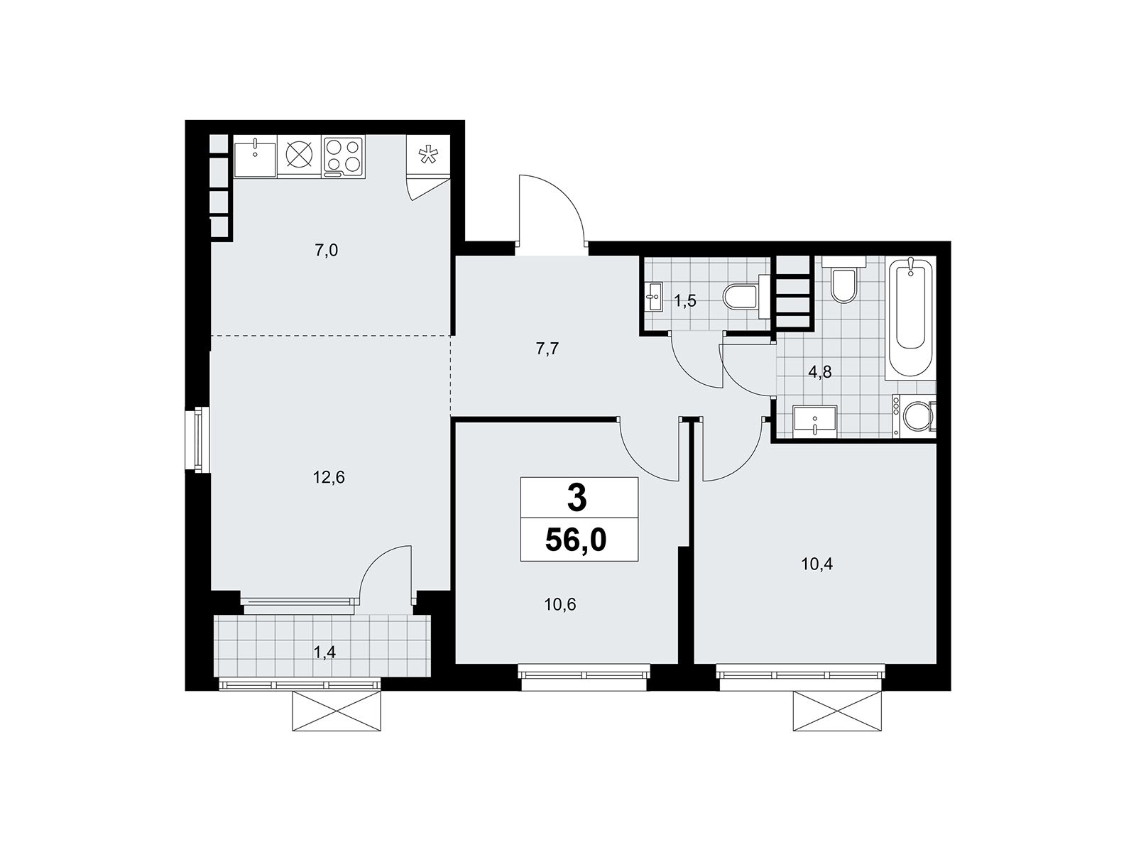 Планировка: 3-комн. квартира 56.00 м² в новостройке Южные Сады