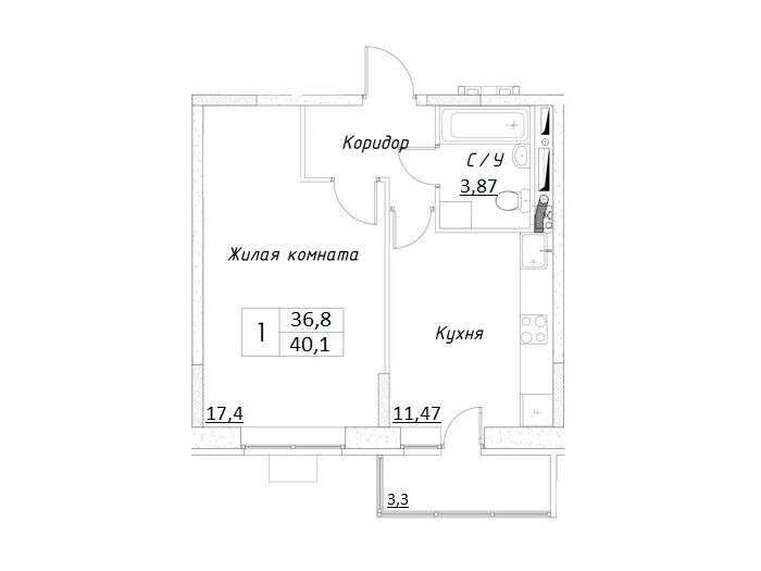 Планировка: 1-комн. квартира 40.10 м² в новостройке Шоколад
