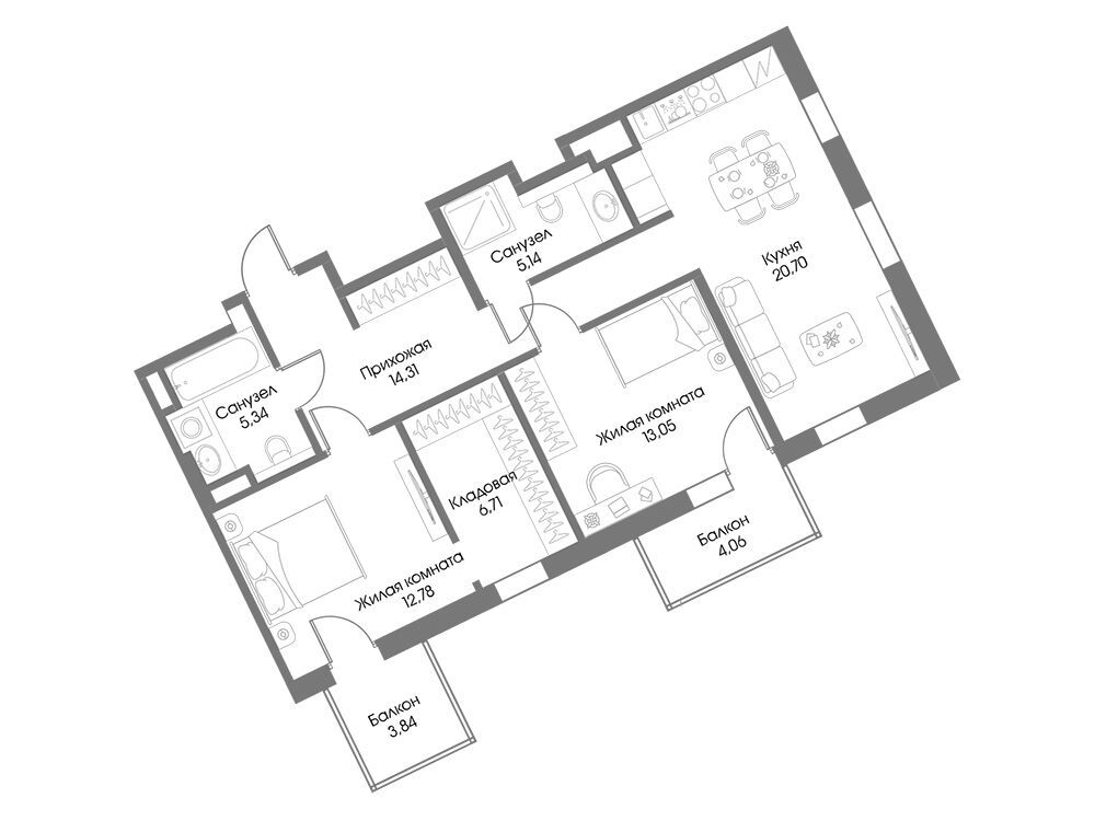 Планировка: 2-комн. квартира 80.40 м² в новостройке Резиденция Рощино