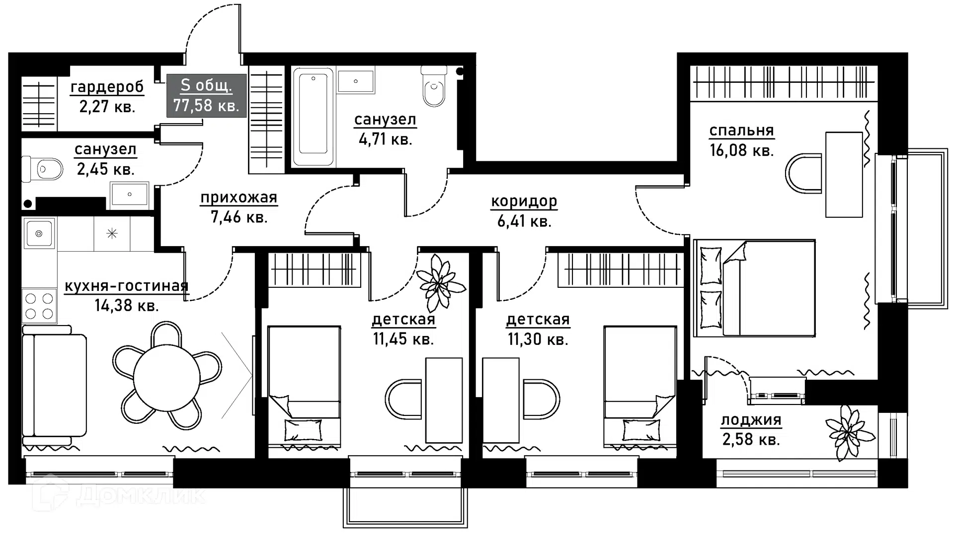 Планировка: 3-комн. квартира 77.58 м² в новостройке null