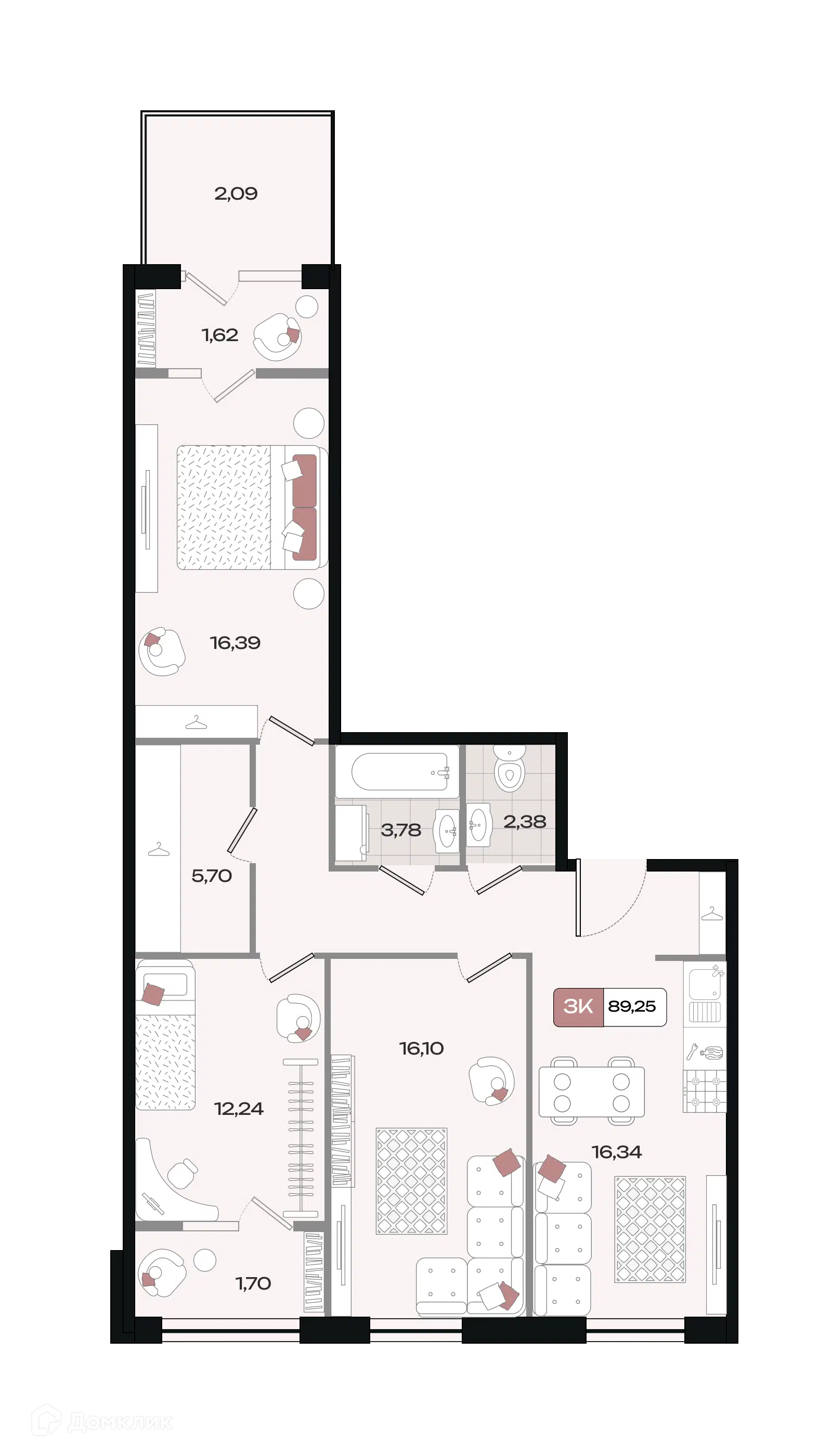 Планировка: 3-комн. квартира 89.25 м² в новостройке Коллекция