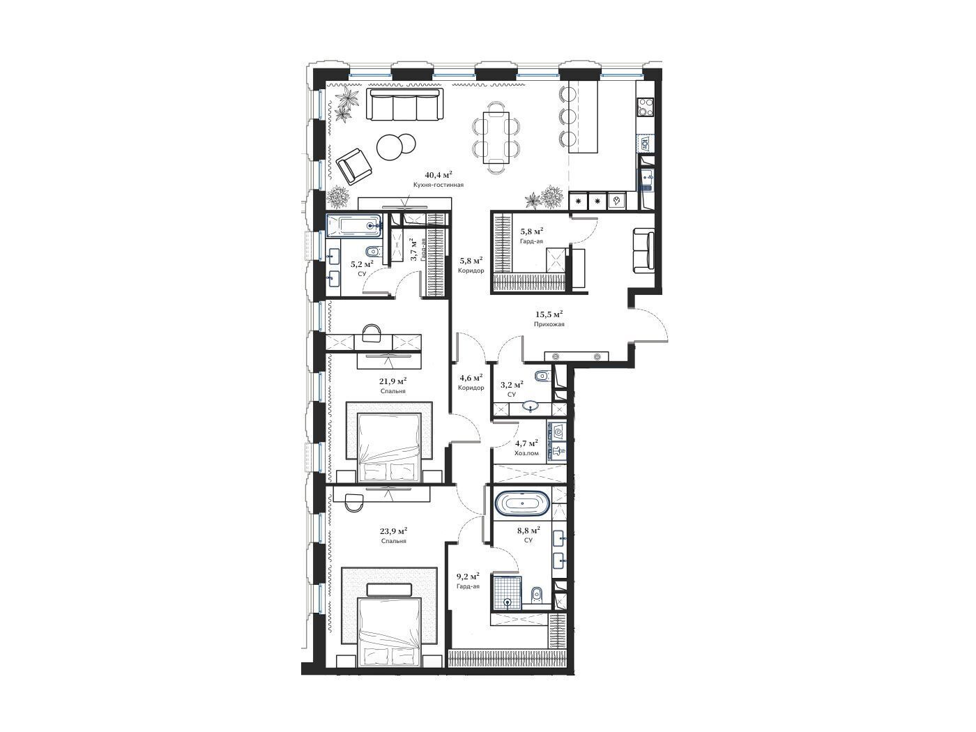 Планировка: 3-комн. квартира 153.40 м² в новостройке Дом Франка