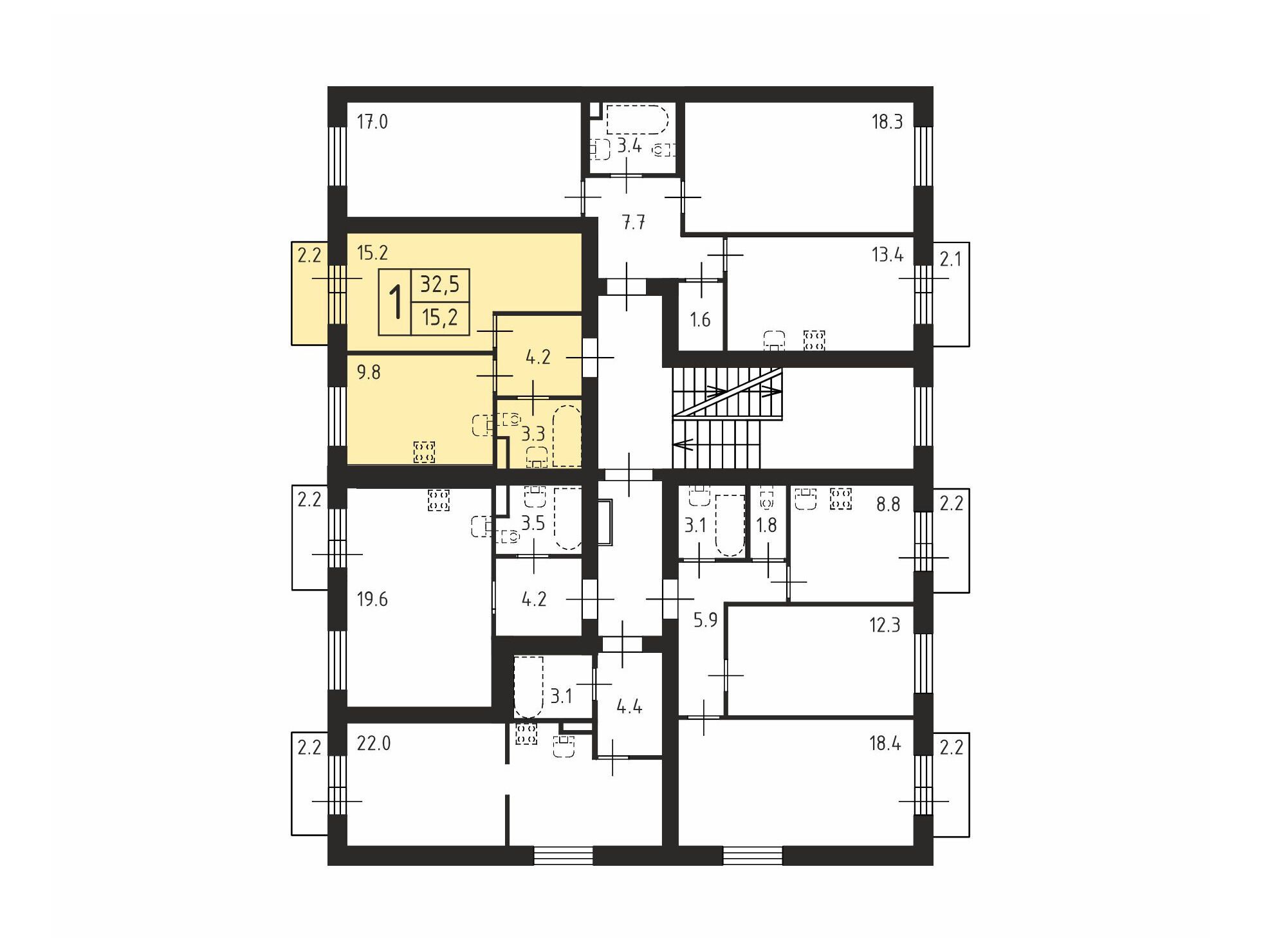 Планировка: 1-комн. квартира 32.40 м² в новостройке Щегловская усадьба