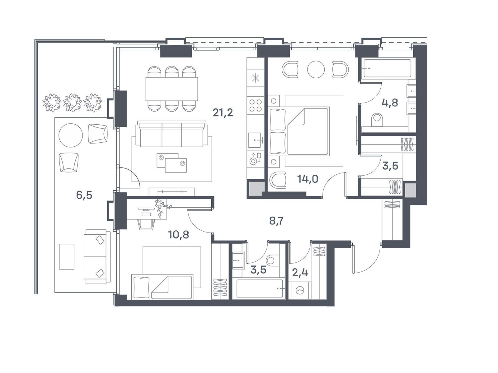 Планировка: 2-комн. квартира 75.40 м² в новостройке Портленд. Дом на берегу