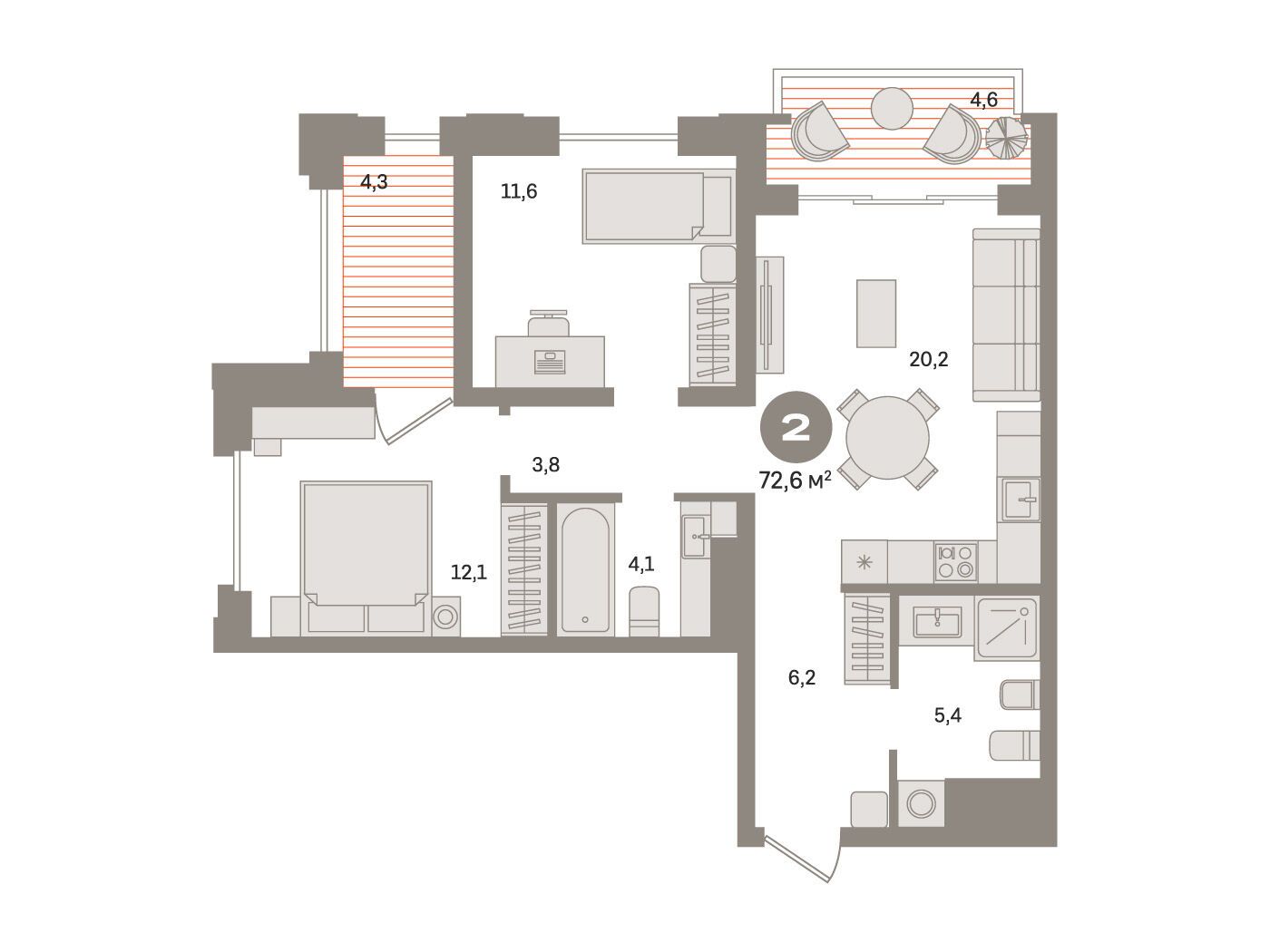 Планировка: 2-комн. квартира 74.80 м² в новостройке Монс