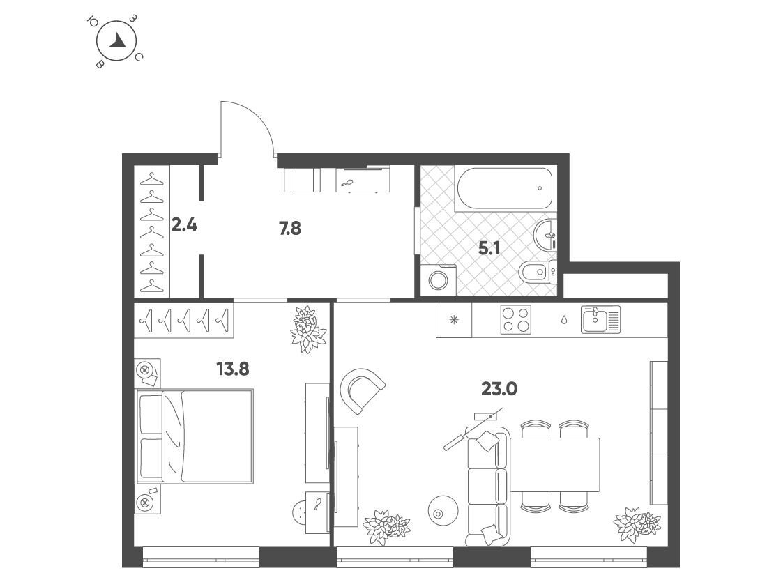 Планировка: 1-комн. квартира 52.00 м² в новостройке Воксхолл