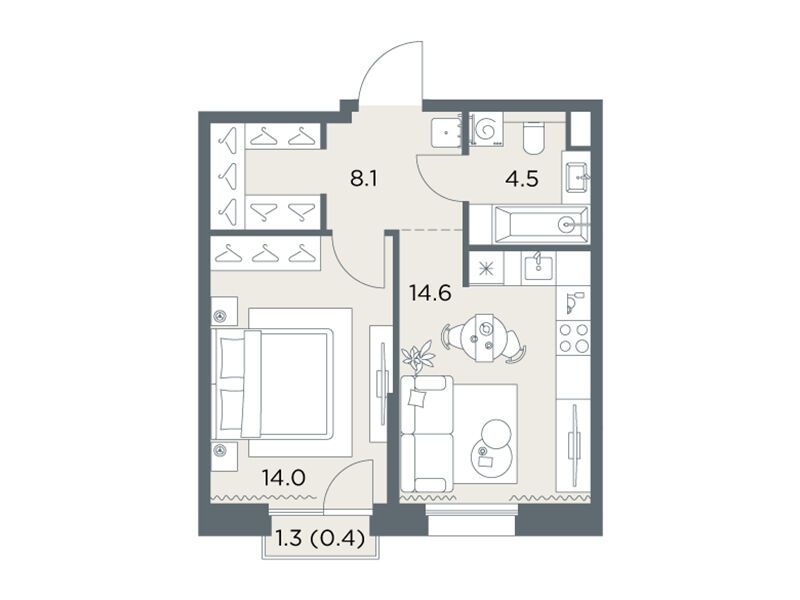 Планировка: 1-комн. квартира 41.60 м² в новостройке Станиславский