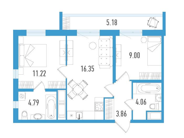 Планировка: 2-комн. квартира 50.83 м² в новостройке Южный форт
