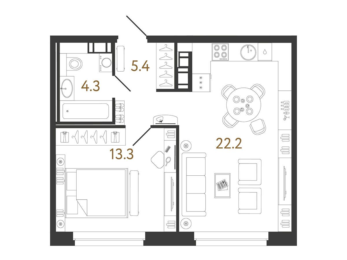 Планировка: 1-комн. квартира 45.20 м² в новостройке Куинджи