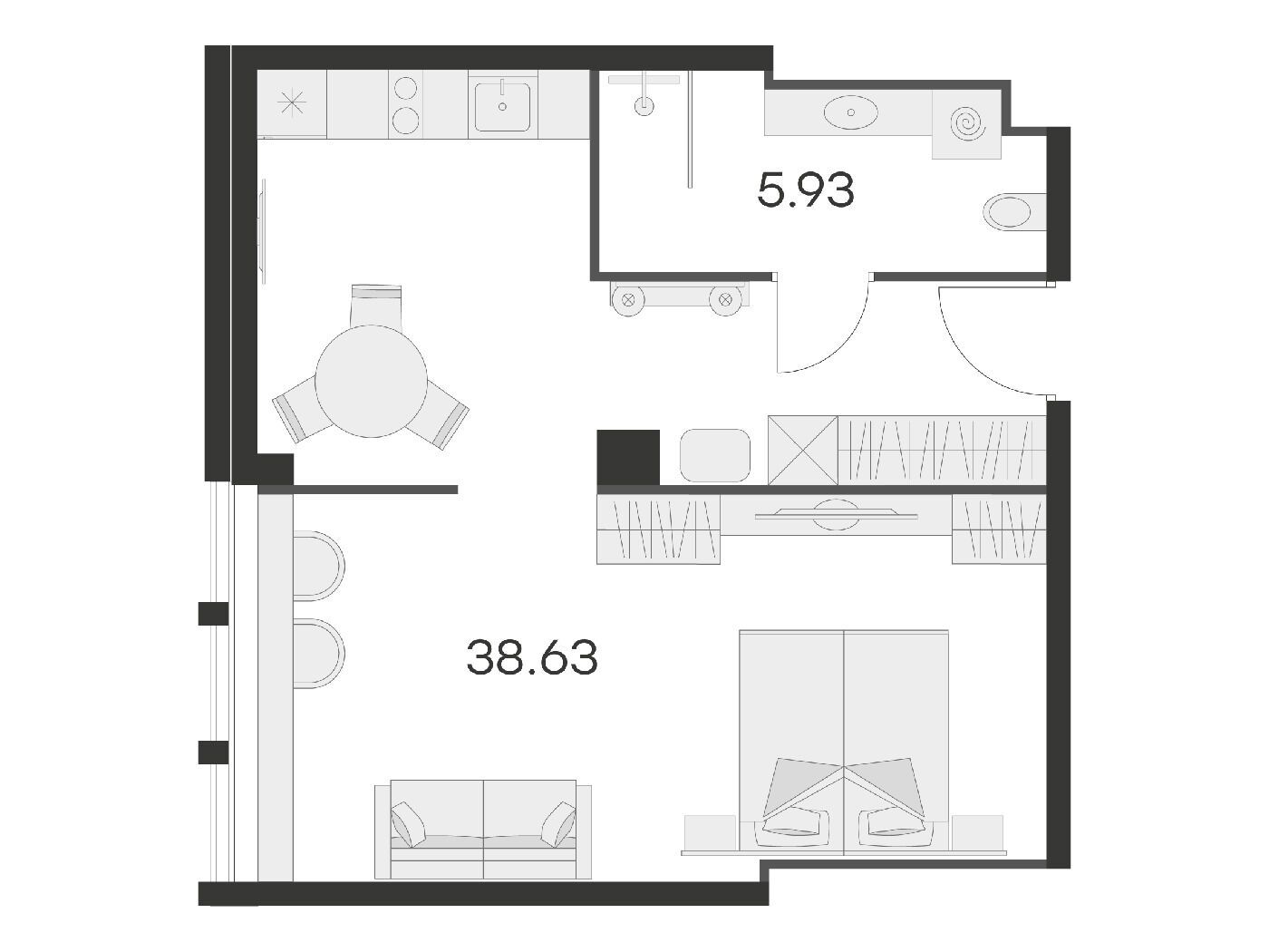 Планировка: 1-комн. квартира 43.80 м² в новостройке 25/7 Заневский