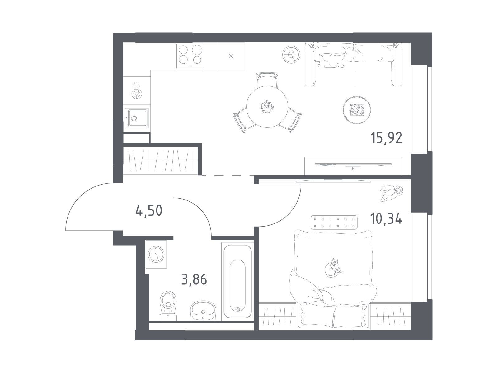 Планировка: 1-комн. квартира 34.62 м² в новостройке Большое Юрлово