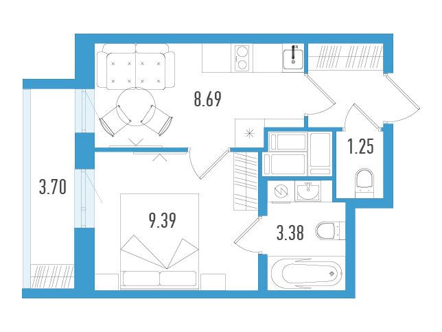 Планировка: 1-комн. квартира 26.37 м² в новостройке Южный форт