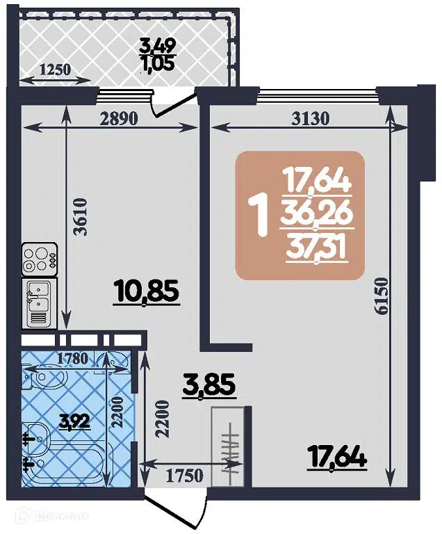 Планировка: 1-комн. квартира 37.31 м² в новостройке Ленинградский квартал