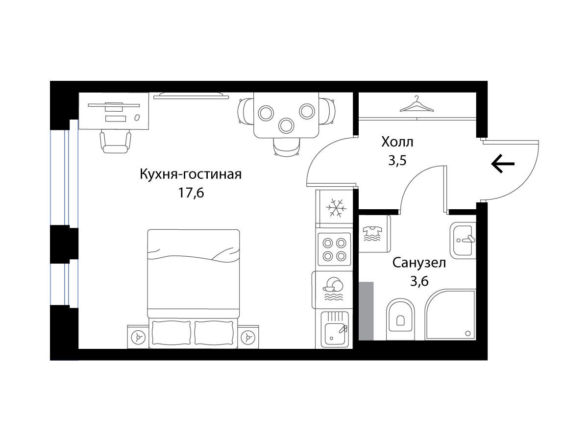 Планировка: Студия 24.70 м² в новостройке Экография