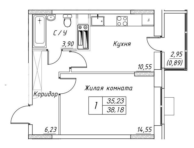 Планировка: 1-комн. квартира 38.18 м² в новостройке Большевик (Дмитров)