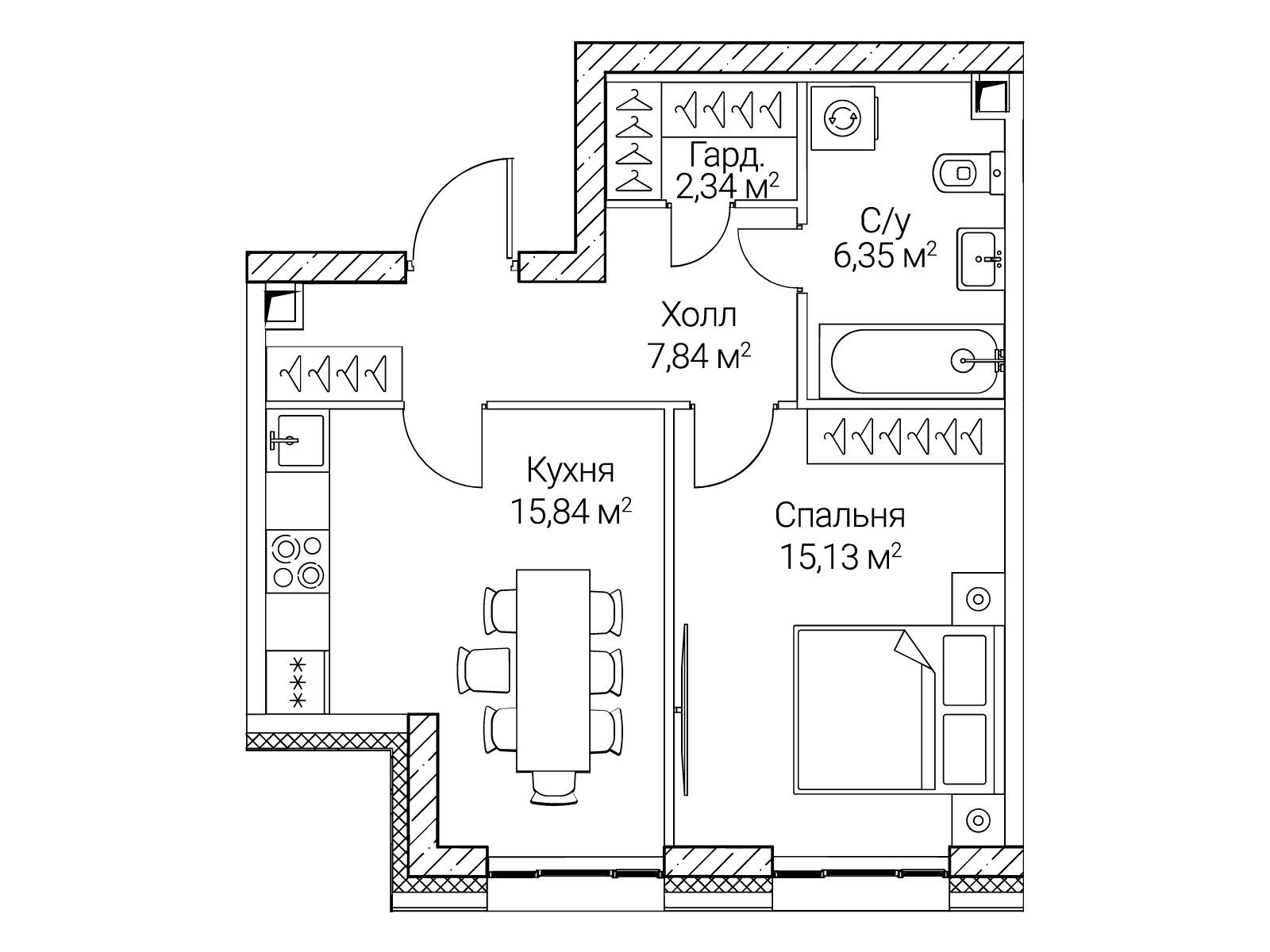 Планировка: 1-комн. квартира 47.50 м² в новостройке Сезар Сити