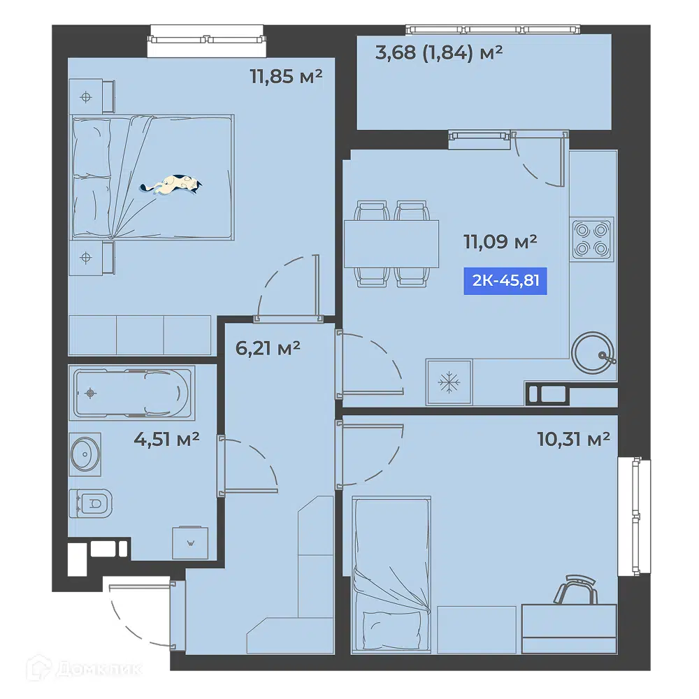 Планировка: 2-комн. квартира 45.81 м² в новостройке Соловей