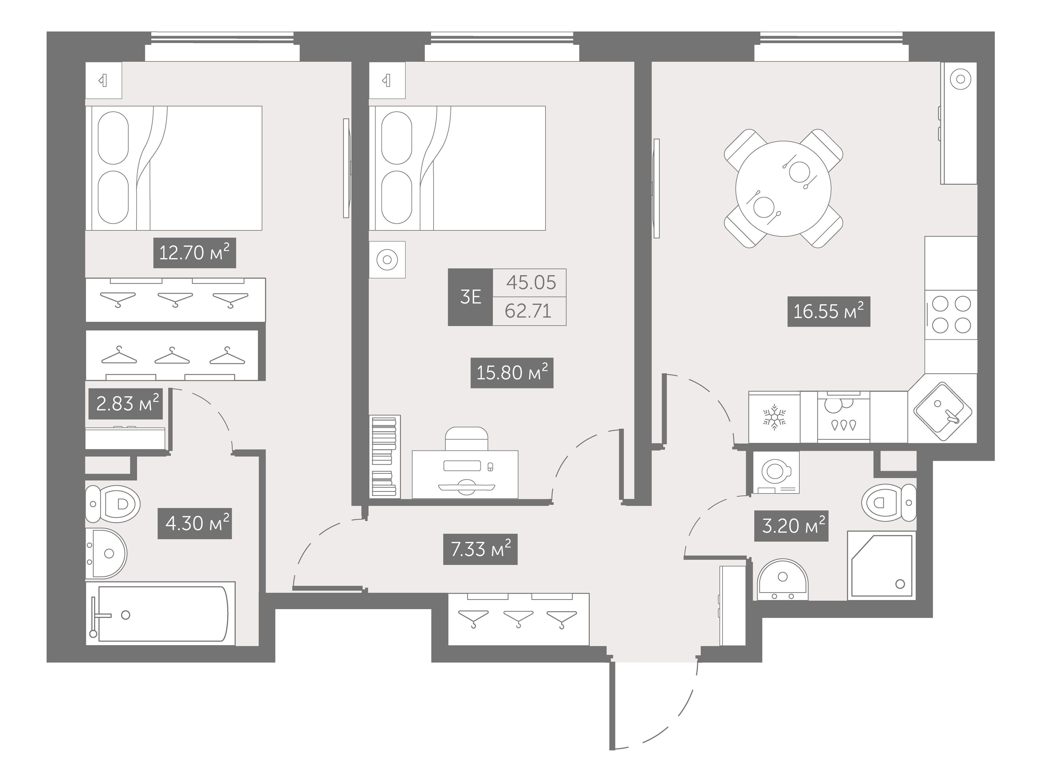 Планировка: 2-комн. квартира 62.71 м² в новостройке Зум на Неве