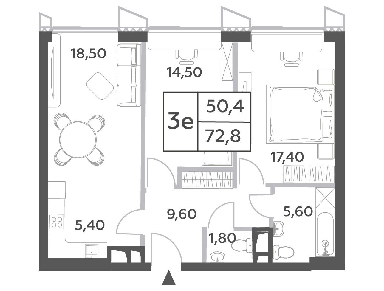Планировка: 3-комн. квартира 72.80 м² в новостройке Вилл Тауэрс