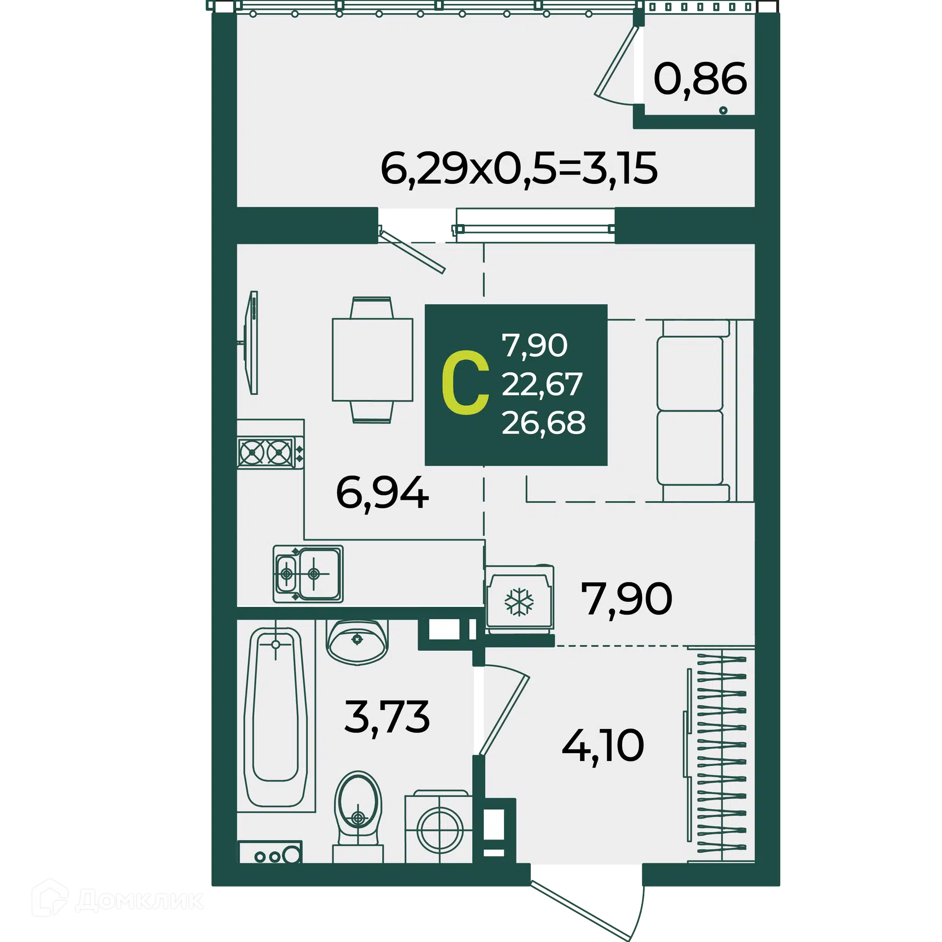 Планировка: Студия 26.68 м² в новостройке Образцово 1 очередь