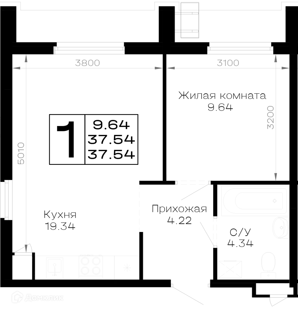 Планировка: 1-комн. квартира 37.54 м² в новостройке Усадьба Гостагаевская