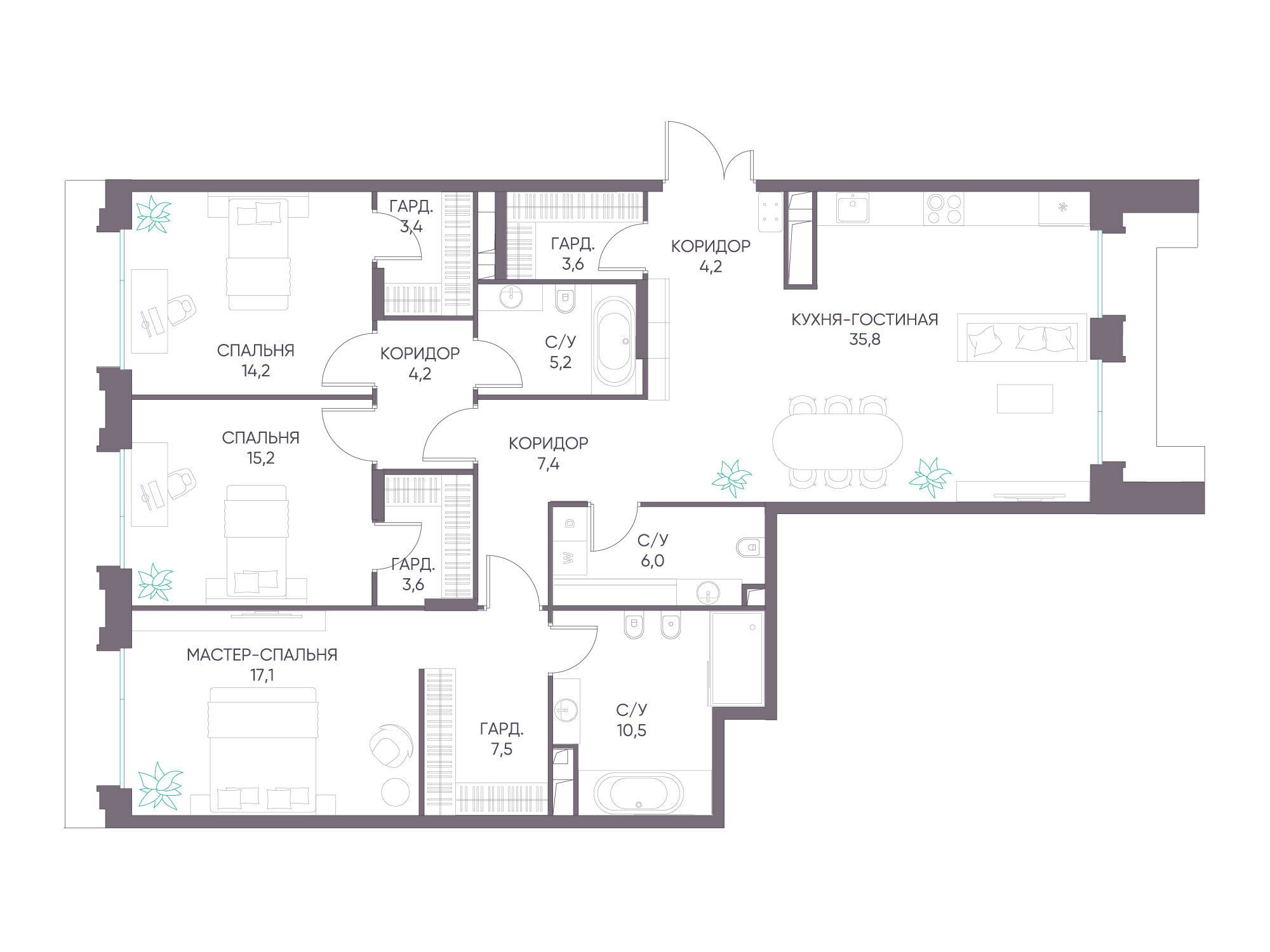 Планировка: 3-комн. квартира 137.90 м² в новостройке Дом XXII
