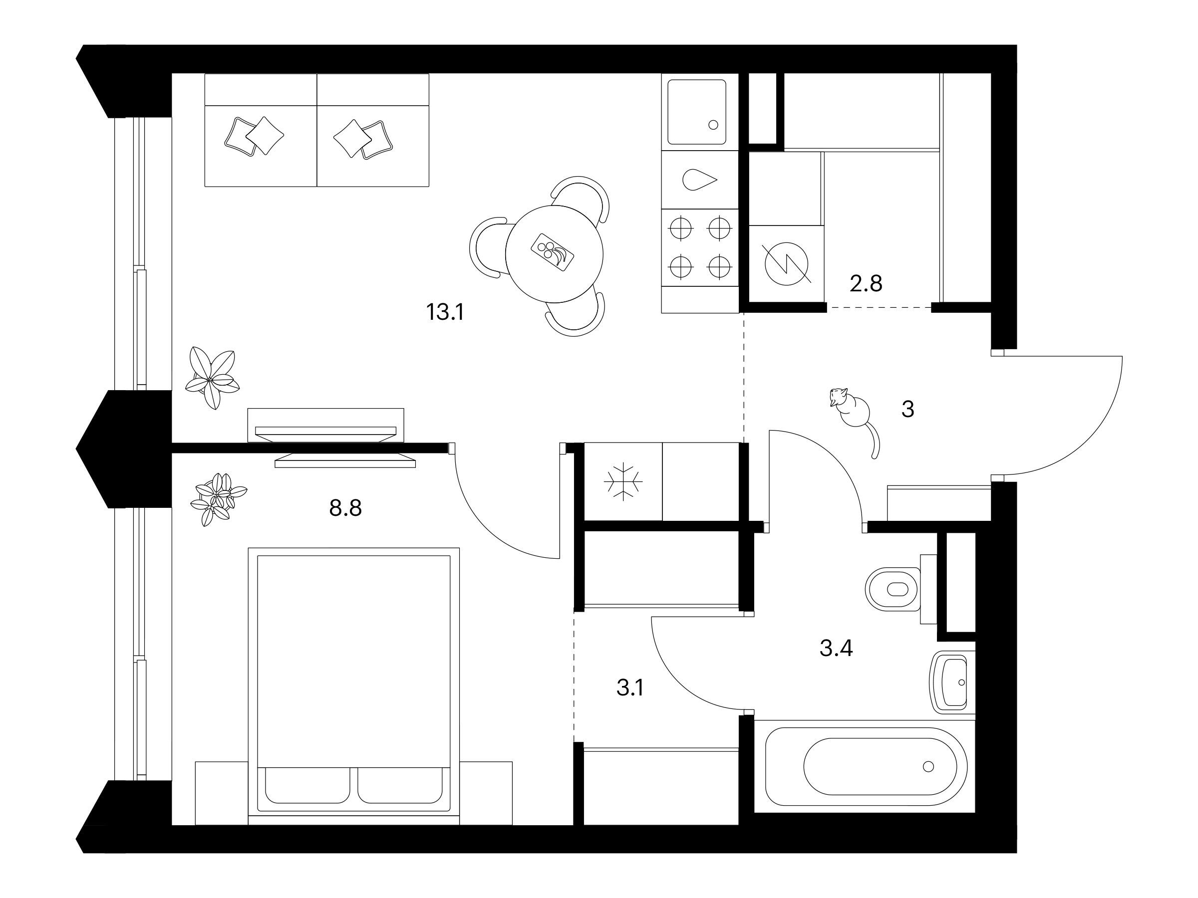 Планировка: 1-комн. квартира 34.20 м² в новостройке Матвеевский парк
