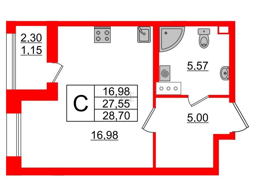 Планировка: Студия 28.70 м² в новостройке Аквилон Лив