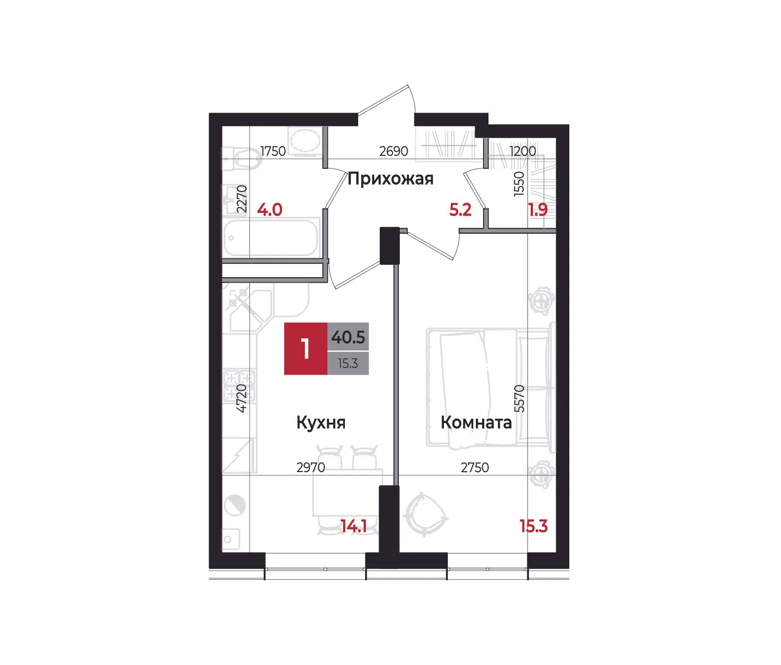 Планировка: 1-комн. квартира 40.50 м² в новостройке Новый дом