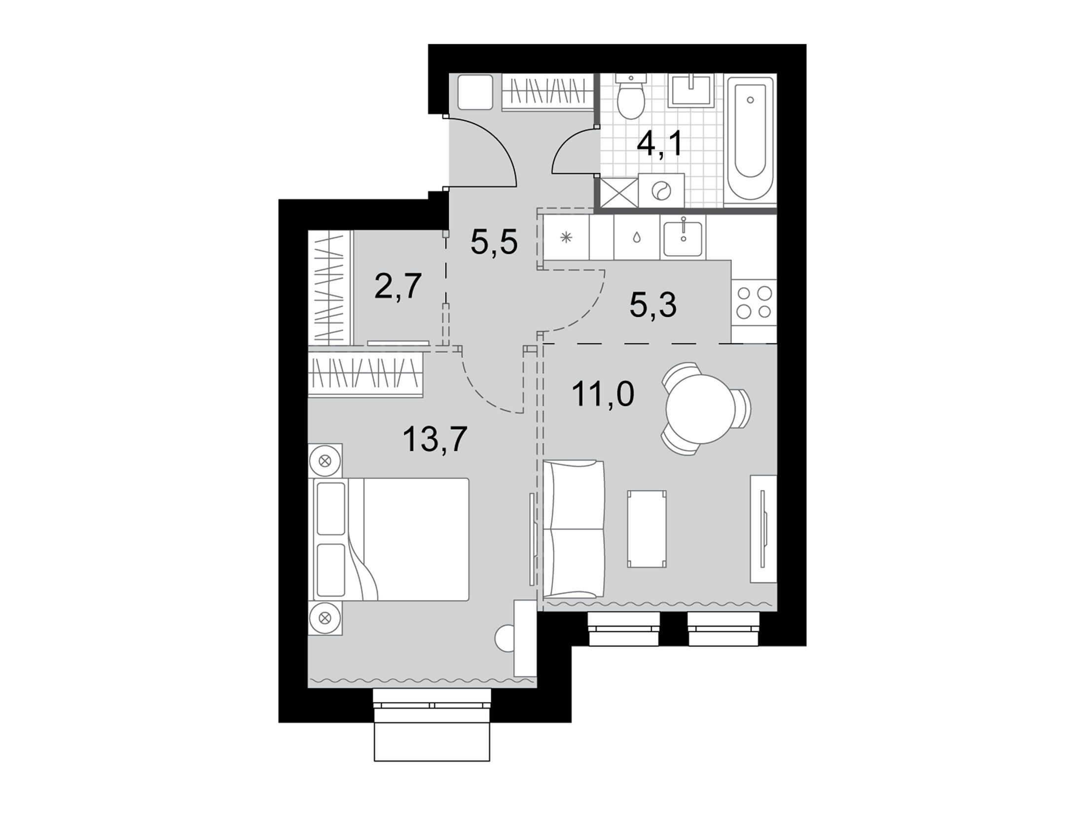 Планировка: 2-комн. квартира 42.30 м² в новостройке Дубровицы клаб