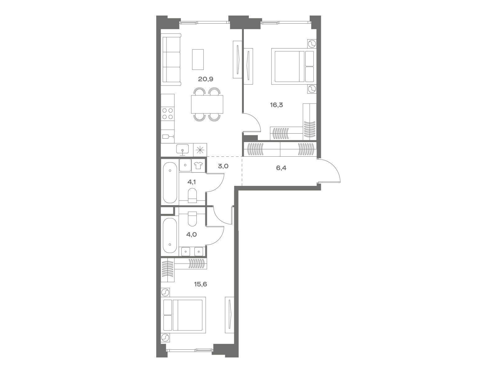 Планировка: 2-комн. квартира 70.30 м² в новостройке Соул